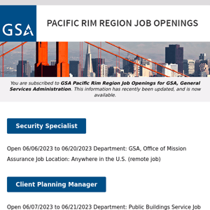 New/Current Job Opportunities in the GSA Pacific Rim Region