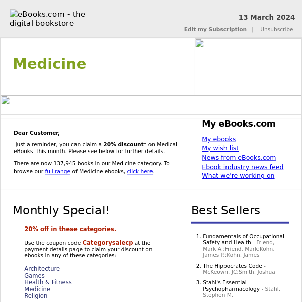 Medicine : 20% Discount, See Coupon Code...