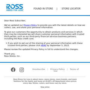 Ross on sale stores email