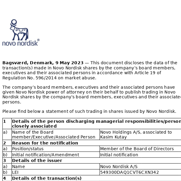 Trading in Novo Nordisk shares by board members, executives and associated persons