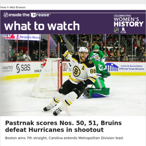 Pastrnak scores Nos. 50, 51, Bruins defeat Hurricanes in shootout
