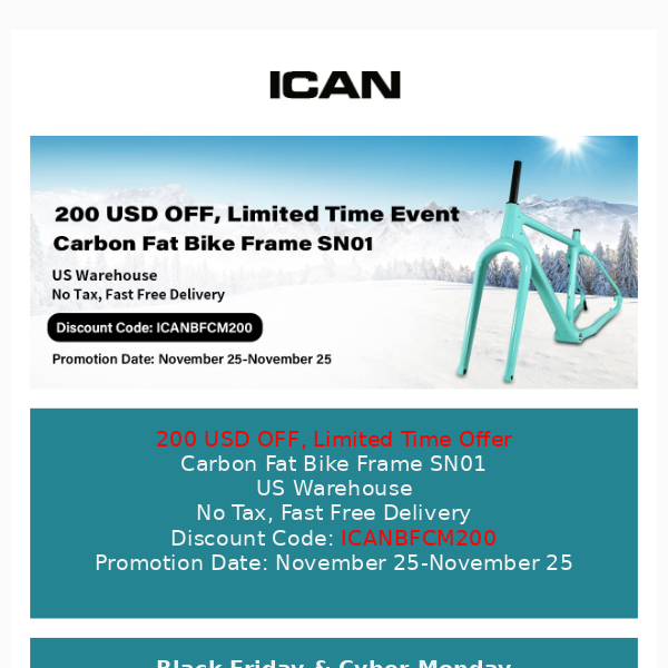 ICAN Fat Bike Frame SN01 $200 Off--Only One Day