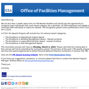 Introducing the FY24 National Facilities Management (FM) Awards Program: 2 weeks left!