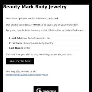 Beauty Mark Body Jewelry: Subscription Confirmed