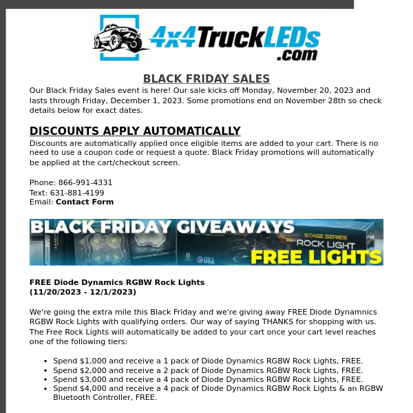 Black Friday Sales at 4x4TruckLEDs.com are Here | Receive FREE Rock Lights With Eligible Purchase!