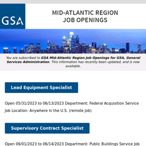 New/Current Job Opportunities in the GSA Mid-Atlantic Region