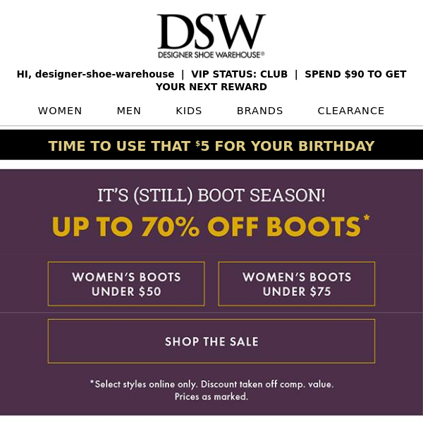 Designer Shoe Warehouse, open to see boots up to 70% off.