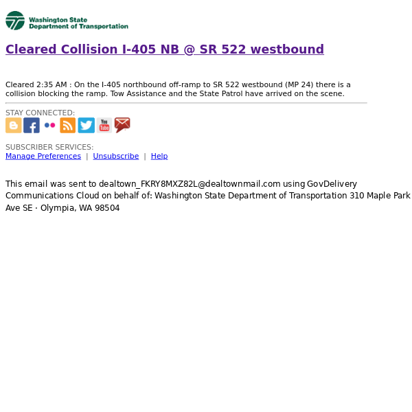 Collision I-405 NB @ SR 522 westbound