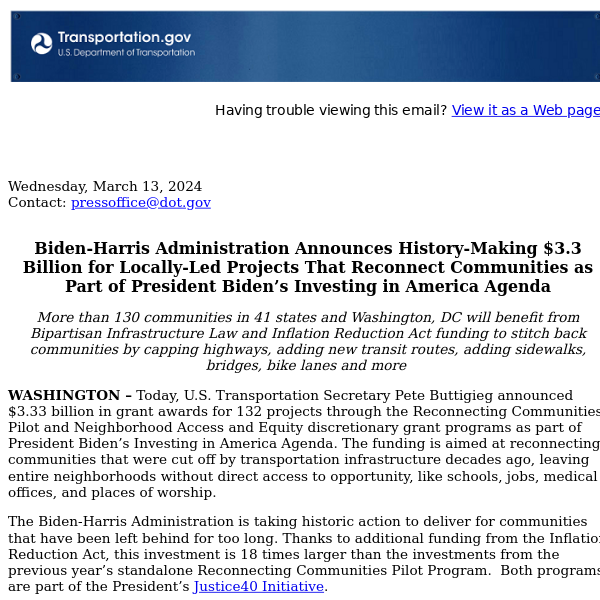 Biden-Harris Administration Announces History-Making $3.3 Billion for Locally-Led Projects That Reconnect Communities as Part of President Biden’s Investing in America Agenda