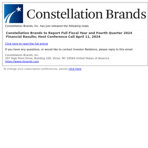 Constellation Brands to Report Full Fiscal Year and Fourth Quarter 2024 Financial Results; Host Conference Call April 11, 2024