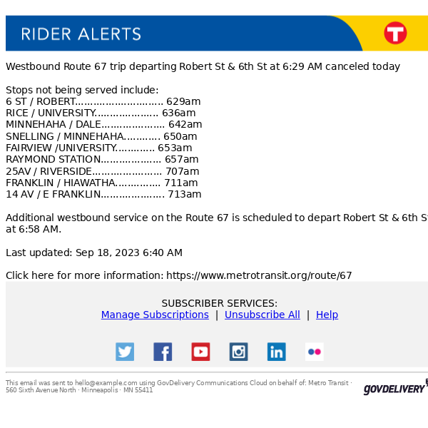 Route 67 trip departing Robert St & 6th St at 6:29 AM canceled