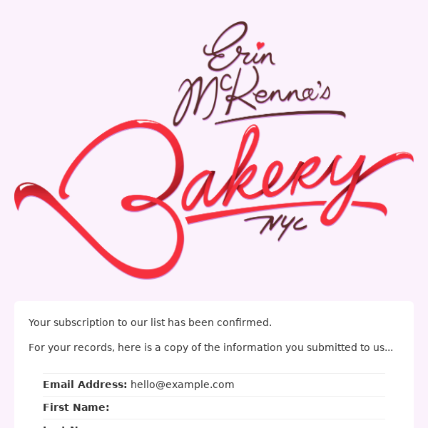 Erin McKenna's Bakery NYC: Subscription Confirmed