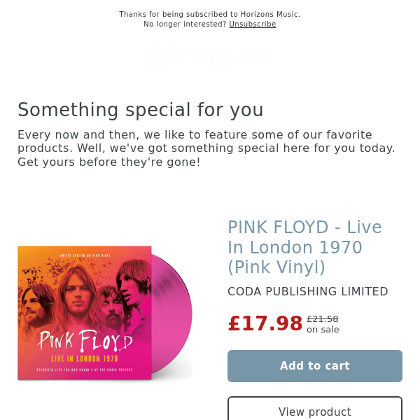 BACK IN! PINK FLOYD - Live In London 1970 (Pink Vinyl)