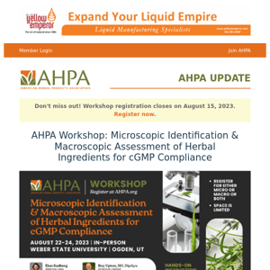 AHPA UPDATE: Registration for AHPA's next workshop closes on Aug. 15!
