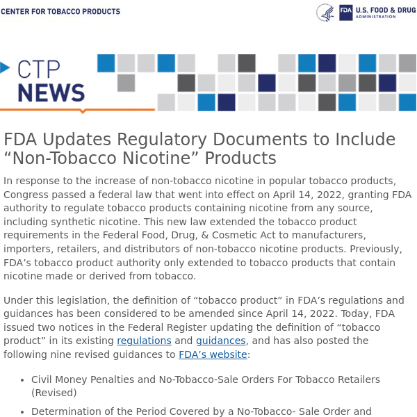 FDA Updates Regulatory Documents to Include “Non-Tobacco Nicotine” Products
