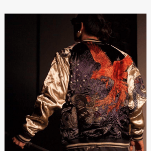 Tang Chinese dragon extra long jacket, Denim Tang Dynasty wave design cuff jacket, Tang Dynasty hyper text kanji jacket, and more!