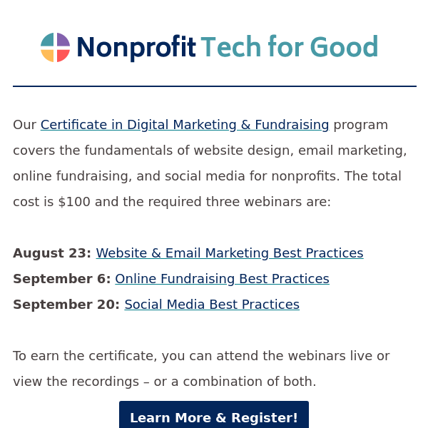 Our Certificate in Digital Marketing & Fundraising program starts August 23!