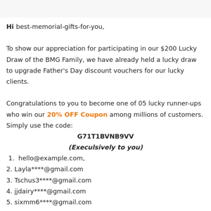 Hi Best Memorial Gifts For You,  You won our Father's Day Lucky Draw