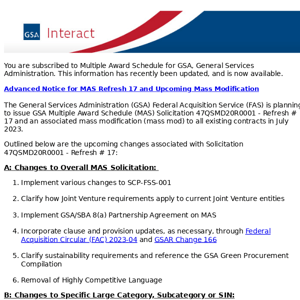 GSA Interact Update: Multiple Award Schedule - Advanced Notice for MAS Refresh 17 and Upcoming Mass Modification