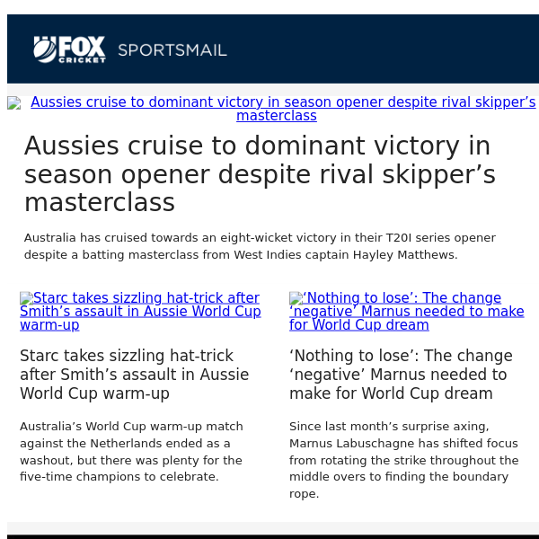 Aussies cruise to dominant victory in season opener despite rival skipper’s masterclass