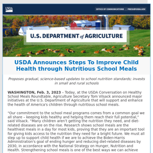 USDA Announces Steps To Improve Child Health through Nutritious School Meals