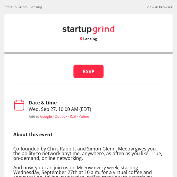 New Event: Lansing - Startup (Coffee) Grind Connexions - Networking through Meeow