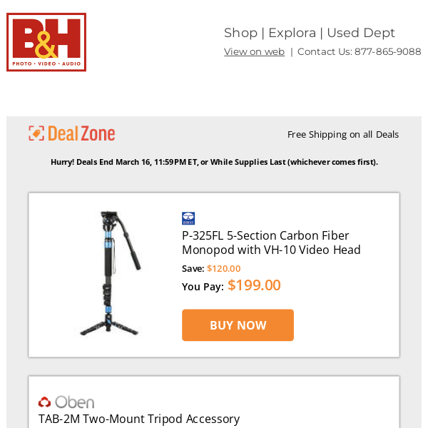 Today's Deals: Sirui 5-Section CF Monopod w/ Video Head, Oben Two-Mount Tripod Accessory Bar, Fotodiox Selfie Starlite Vlog Bi-Color Ring Light Kit, Core Nano XL 178Wh Mini Li-Ion Battery & More