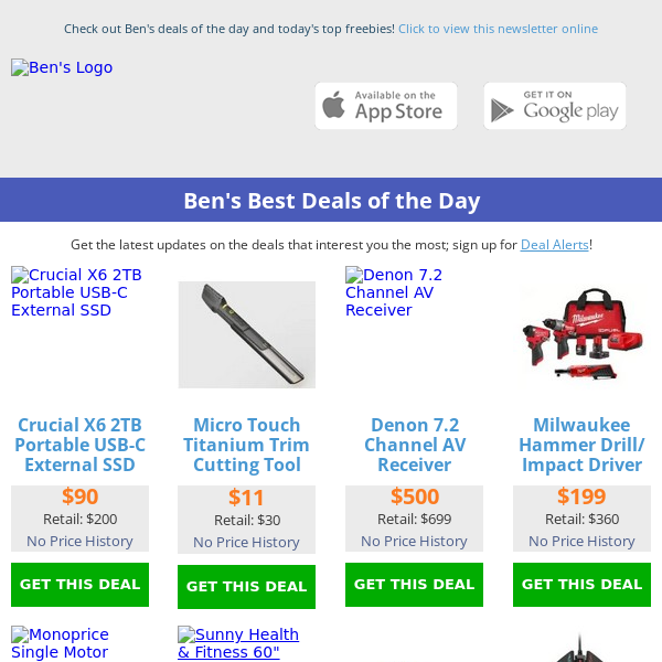 Ben's Best Deals: $34 Barbell (60") - $6.99 Hex Key Set - $90 Crucial 2TB SSD - $52 Coleman Tent (4-Person)