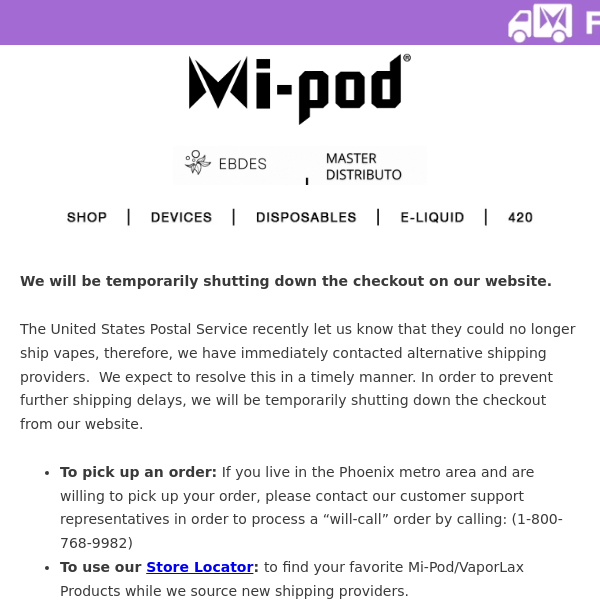 Mi-Pod Online | Important Shipping Updates at Mi-Pod