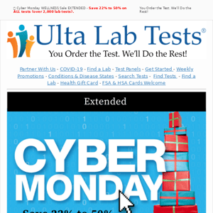 Save 22% to 50% OFF on ALL Lab Tests? Yes, Ulta Lab Tests' Cyber Monday sale has been extended.