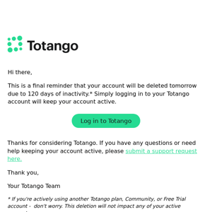 [Final Notice] Your Totango account will be deleted tomorrow