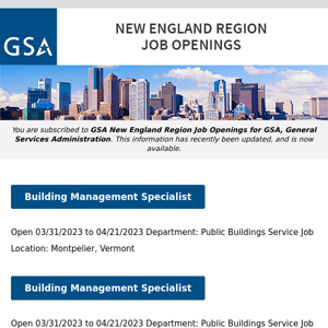 New/Current Job Opportunities in the GSA New England Region