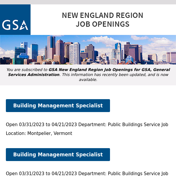 New/Current Job Opportunities in the GSA New England Region