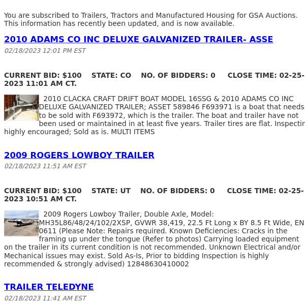 GSA Auctions Trailers, Tractors and Manufactured Housing Update
