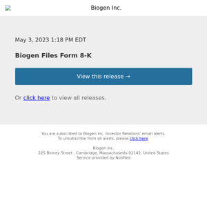 Biogen Files Form 8-K