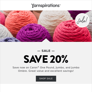 20% off selected Caron yarns!