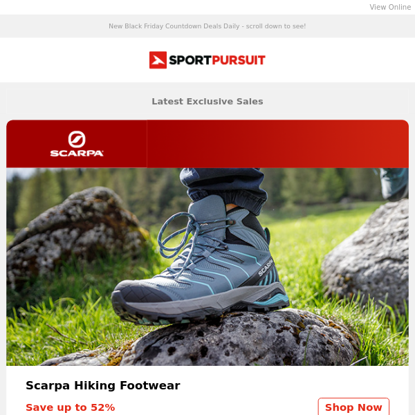 Up to 70% Off: Scarpa Hiking Footwear | O’Neill Clothing | Lacoste - New Products | Craghoppers | Karrimor