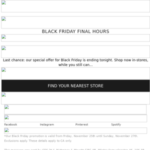 Final hours: 25% off in-stores for Black Friday