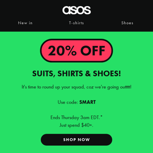 20% off suits, shirts & shoes 👔👞