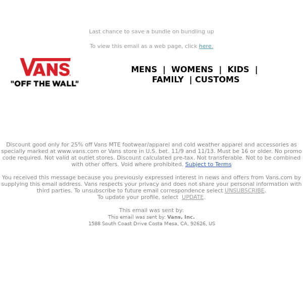 ENDS TOMORROW: 25% Off MTE Cold Weather Shoes and Clothing - Vans