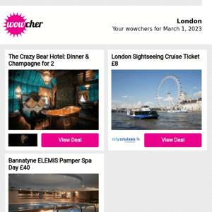 The Crazy Bear Hotel: Dinner & Champagne for 2 | London Sightseeing Cruise Ticket £8 | Bannatyne ELEMIS Pamper Spa Day £40 | PADI Scuba Diving Experience £13 | Mystery Holiday: 2023 Dates
