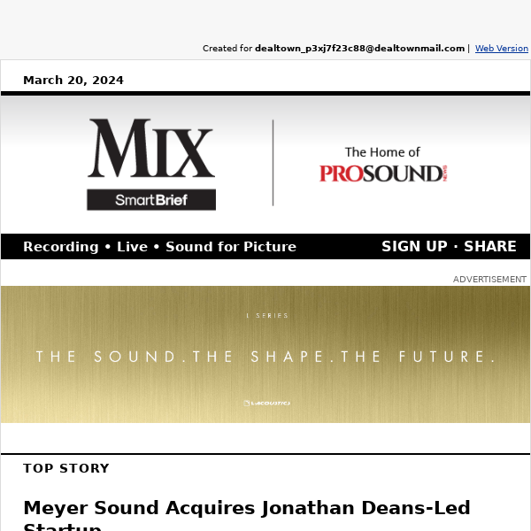 Meyer Sound Acquires Jonathan Deans-Led Startup / VIDEO: Inside Mix LA / Focal Professional Trio6 ST6 Monitors Review / Dr. Dre Gets Hollywood Walk of Fame Star / Barix's New AoIP Broadcast Codec / More!