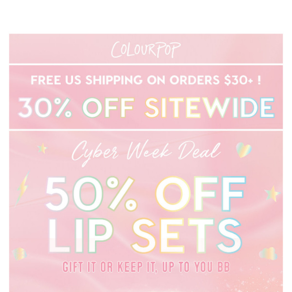 Colourpop, Cyber Week Deals: 30% off Select Products from 11/21 - 11/30,  Limited Edition Holiday Vaults Launch Monday (11/21), Discounts Up to 70%  off Every Day : r/MUAontheCheap