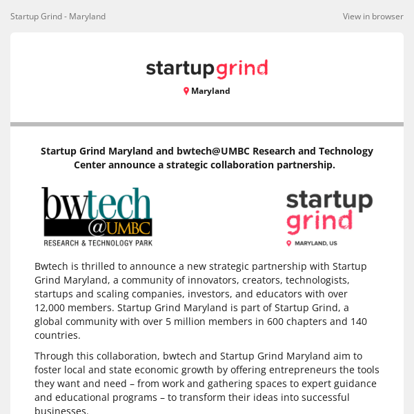 bwtech and Startup Grind Maryland Announce Strategic Partnership