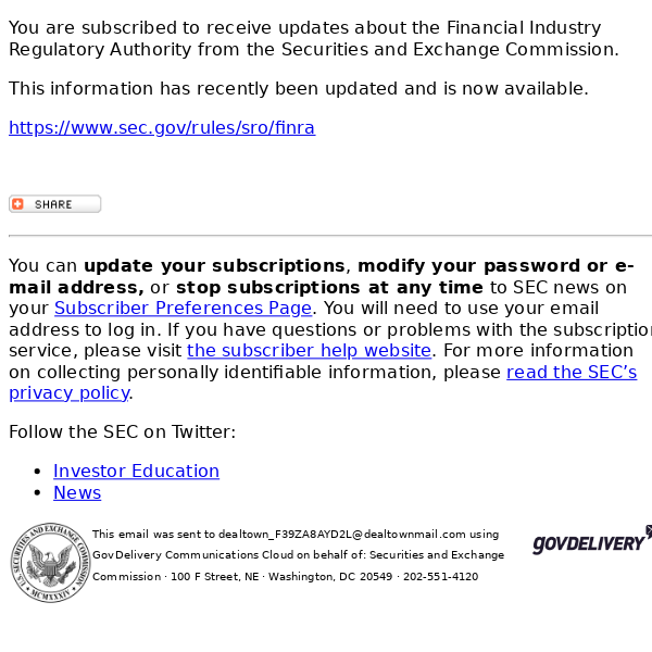 Securities and Exchange Commission - Financial Industry Regulatory Authority Update
