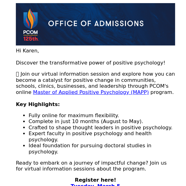 Unleash Your Potential: Join the Info Session for PCOM's Master of Applied Positive Psychology Program! Mar. 5, Apr. 2 📅