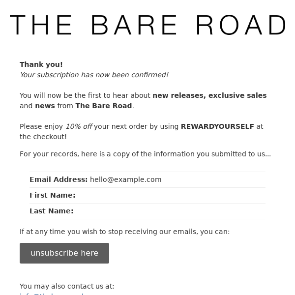 The Bare Road: Subscription Confirmed. Your 10% discount code is inside!