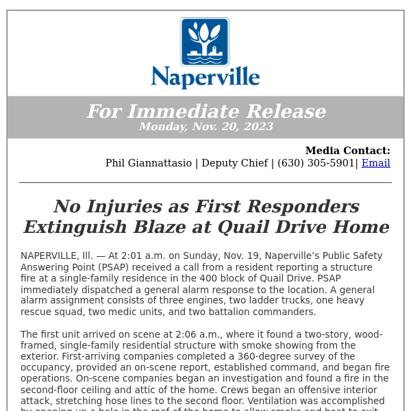 NFD Media Release: Naperville Fire Department Responds to Fire at Single-Family Home on Quail Drive