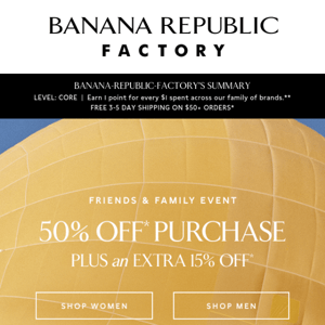 50% off purchase + an extra 15% is too good to miss, Banana Republic Factory...