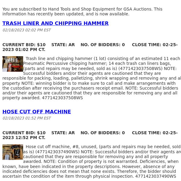 GSA Auctions Hand Tools and Shop Equipment Update